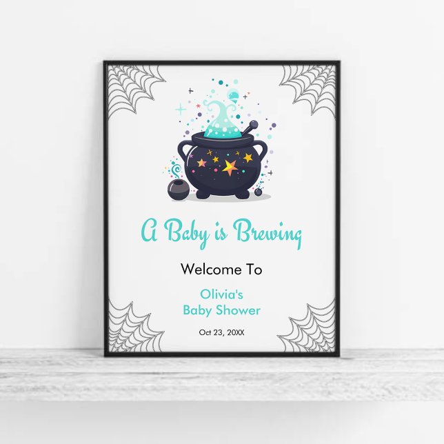 Poster O Bebê Azul está criando Chá de fraldas de Hallowe (Blue A Baby is Brewing Cauldron Halloween Boy Baby Shower Welcome Sign  )