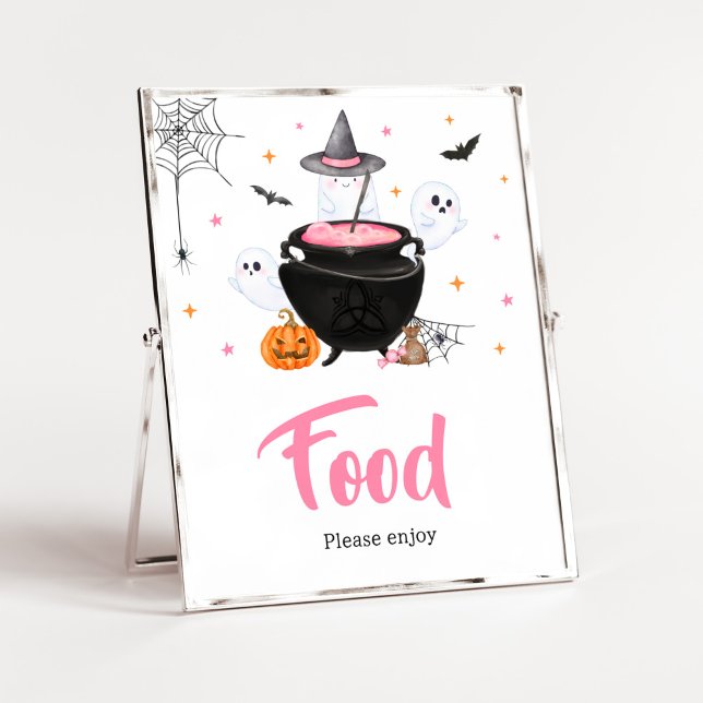 Poster O Bebê do Fantasma Rosa é a Comida de Criação (Baby is Brewing Baby Shower Food Sign)