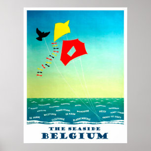Poster O beira-mar de Bélgica, papagaios de voo, vintage