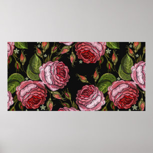 Poster O bordado do rosa vermelha vintage é um padrão p