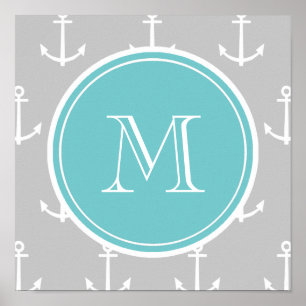 Poster O branco cinzento ancora o teste padrão, monogram