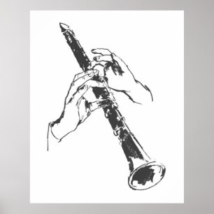 Poster O branco preto do vintage entrega o clarinete