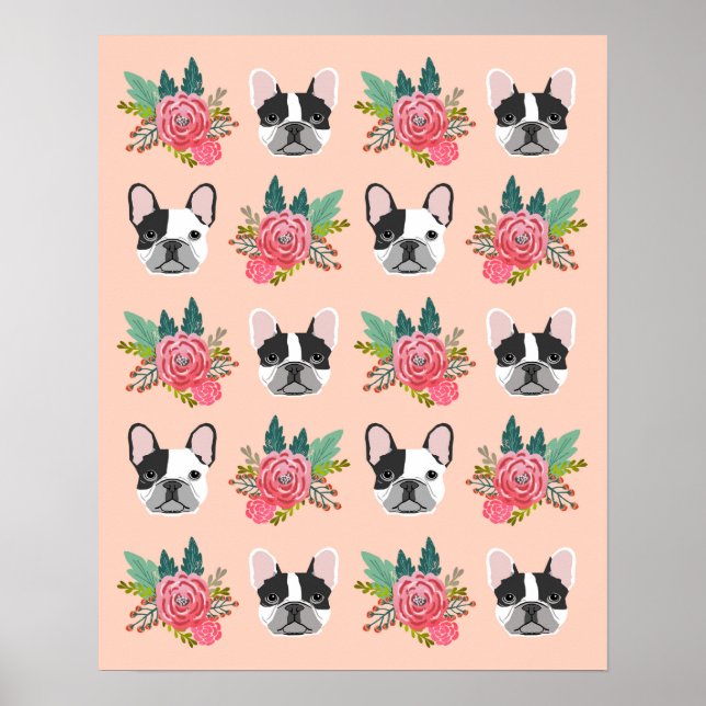 Póster O Bulldog Francês Enfrenta Arte Floral De Cachorro (Frente)