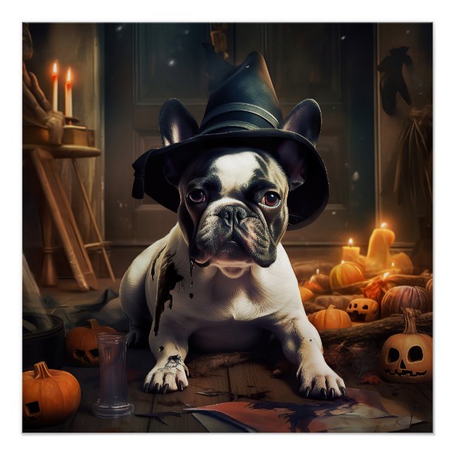 Póster O Bulldog Francês Pumpkins Halloween Assustado (Frente)