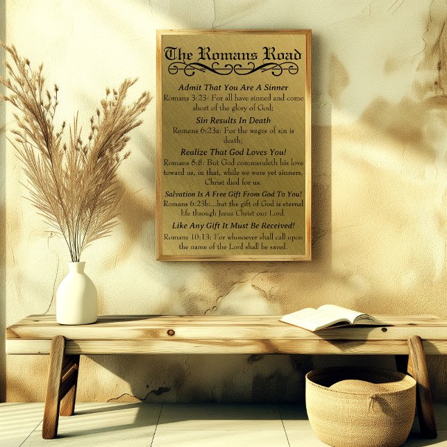 Póster O Caminho Romanos Oração do Pecador Dourado Preto (The Romans Road Sinner's Prayer Gold Black Poster)