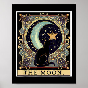 Poster O Cartão Tarot da Lua Crescente Gato Preto Mulhere