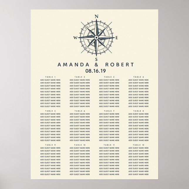 Poster O Compass Azul | Gráfico de Casamentos Náuticos (Frente)