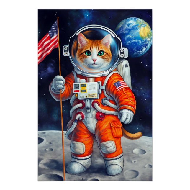 Póster O Cosmic Patriot Astronauta Cat USA Flag na Lua (Frente)
