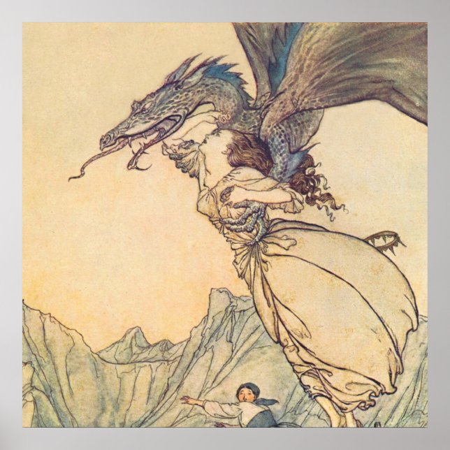 Poster "O Dragão Pegou a Rainha" por Arthur Rackham (Frente)