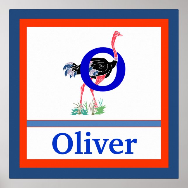 Póster O é para Ostrich e Boy Name Wall Art para Crianças (Frente)