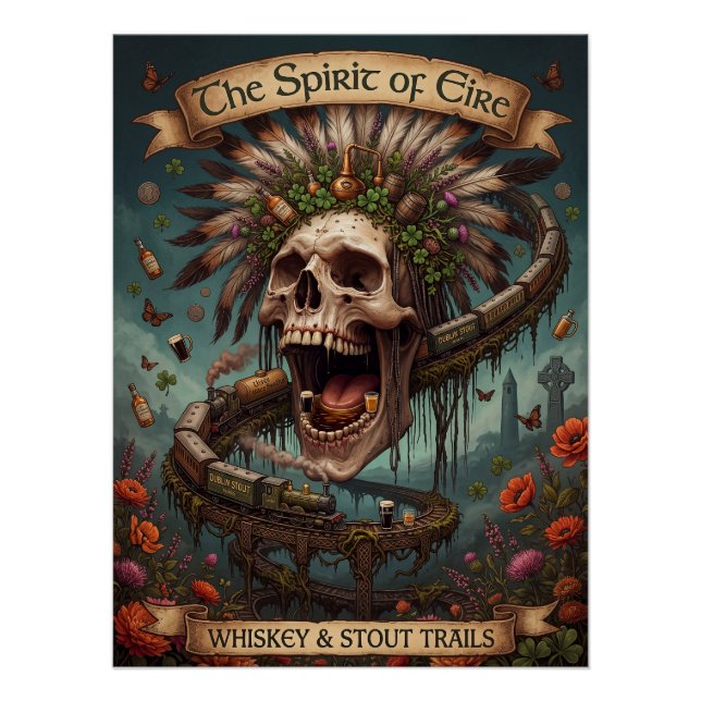 Póster O Espírito de Éire - Whiskey Irlandês e Crânio Sto (Frente)