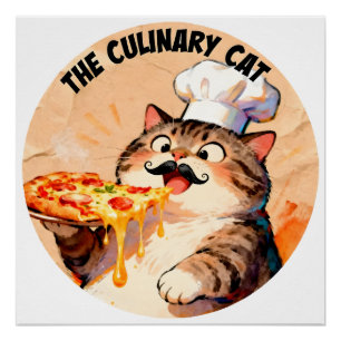 Póster O Gato Culinário com Chef de Pizza Gato Segurando 