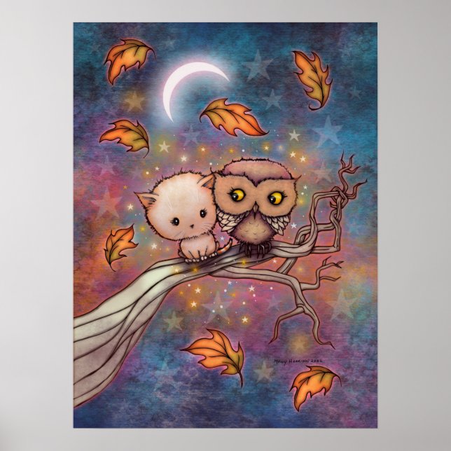 Poster O Gato e a Coruja Arte Fofa (Frente)