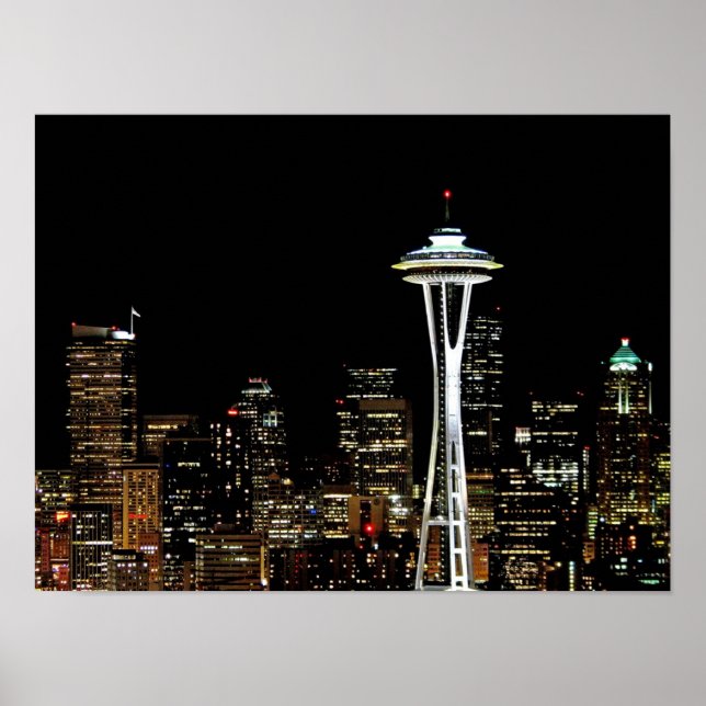 Póster O horizonte de Seattle à noite, com Agulha Espacia (Frente)