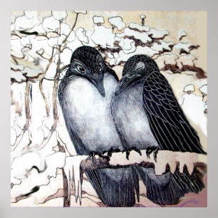 Póster O INVERNO ADORA AVES EM NEVE preto branco