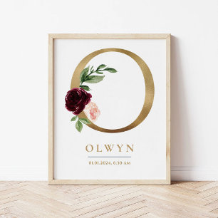 Poster O - Letra Monograma Nome Marsala Floral Nursery