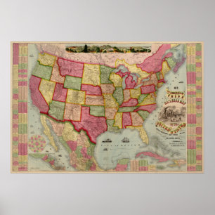 Poster O mapa americano dos EUA, 1872 da estrada de ferro