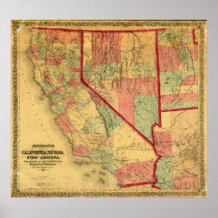 Póster O mapa de Bancroft de Califórnia, Nevada, Utá