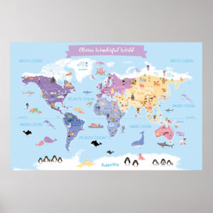 Poster O mapa do mundo das crianças doces com ilustraç
