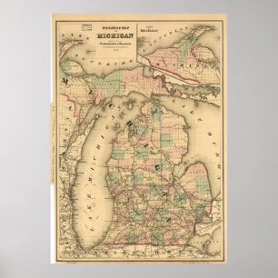Poster O mapa do vintage do Michigan Railroads (1876)