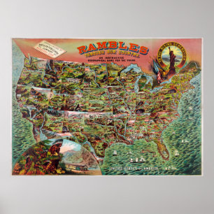 Poster O mapa dos Estados Unidos do vintage Rambles o