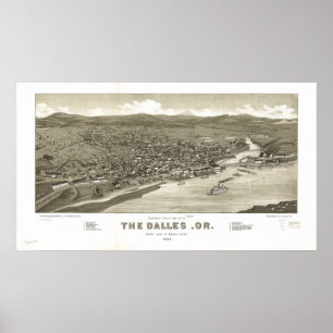 Póster O Mapa Panorâmico Antiquado de Dalles Oregon 1884