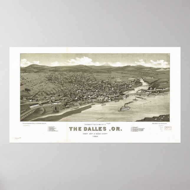 Póster O Mapa Panorâmico Antiquado de Dalles Oregon 1884 (Frente)