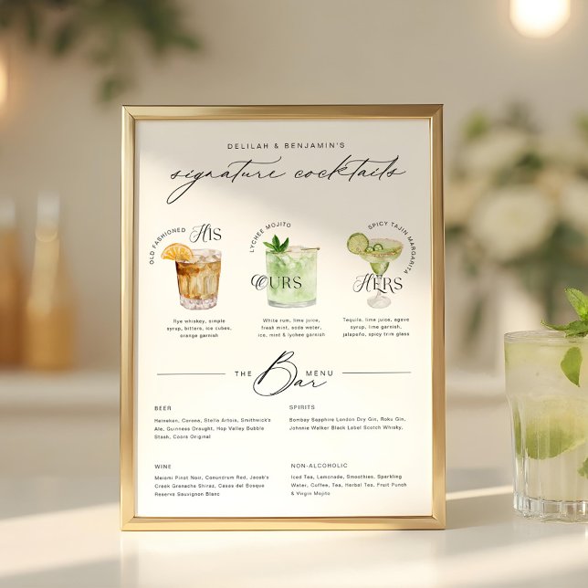 Poster O Menu Cocktail Da Assinatura Da Sua Aquarela (His Ours & Hers Watercolor Signature Cocktail Menu Poster)