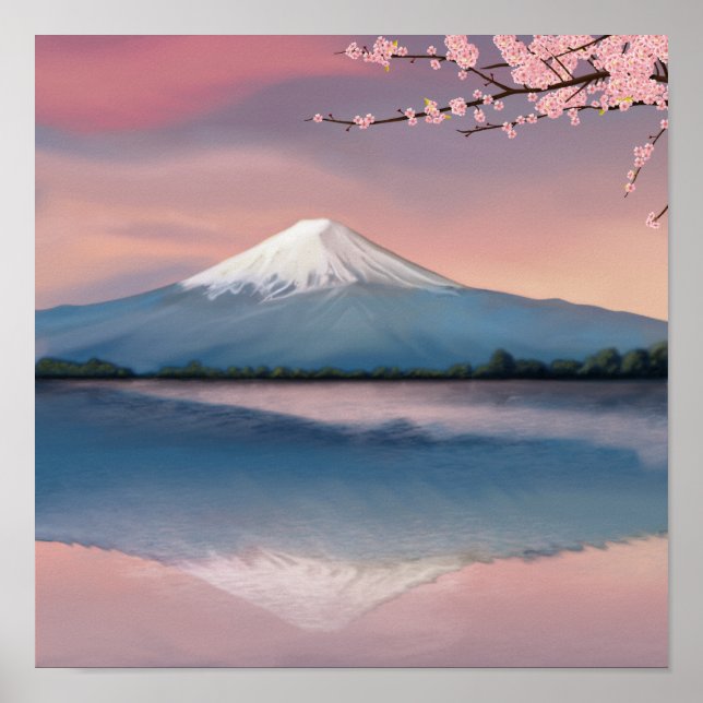 Poster O Monte Fuji com os Blossomas de Cereja (Frente)