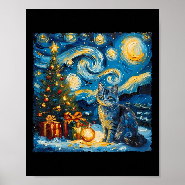 Poster O Natal Russo do Gato Azul Art Van Gogh é a estrel (Frente)