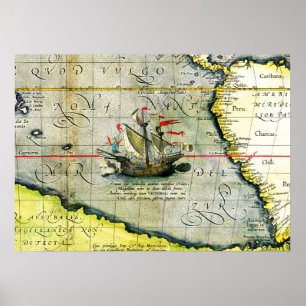 Poster O navio Vitória de Magalhães, Mapa Antigo Oceano P