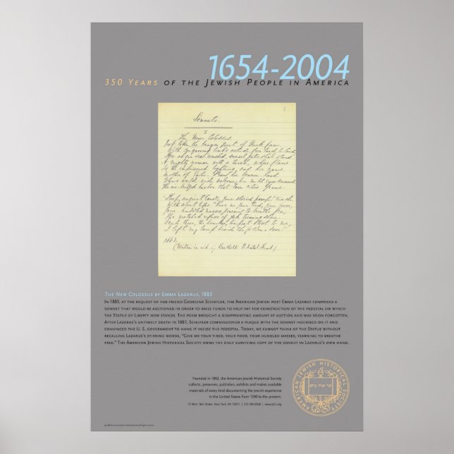 Póster O Novo Colósso de Emma Lazarus, 1883 (Frente)