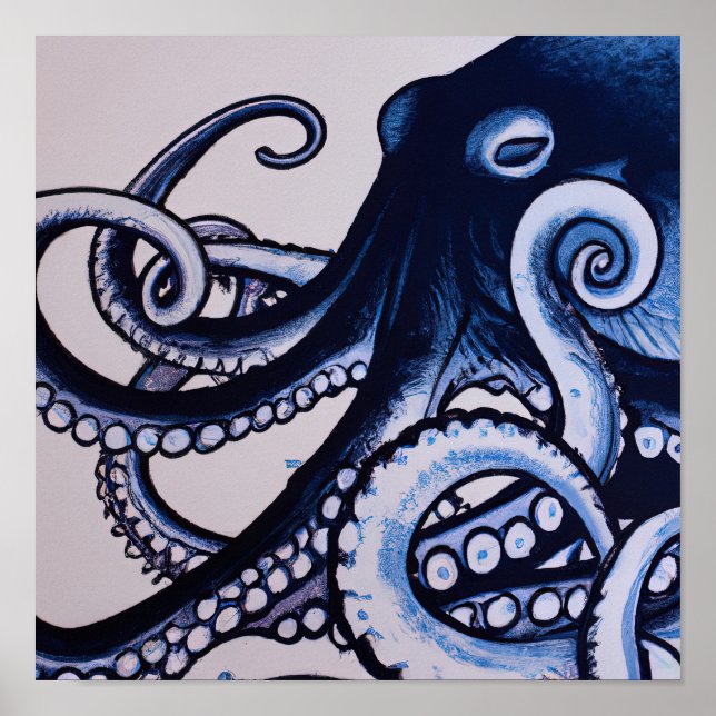 Poster O Octopus Blue Modern Japonês Style Watercolor (Frente)
