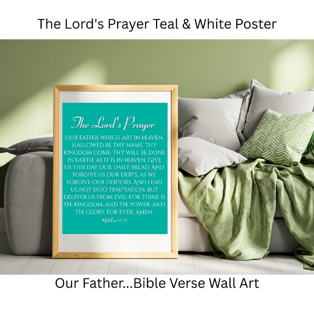 Poster O Pai Nosso Azul Turquesa & Branco (The Lord's Prayer Teal & White Poster)