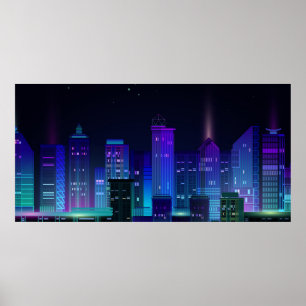 Poster O panorama da cidade noturna com o néon brilhando