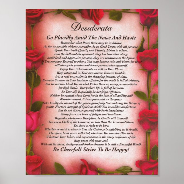 Póster O Poema Desiderata com Rosas vermelhas para a mãe (Frente)