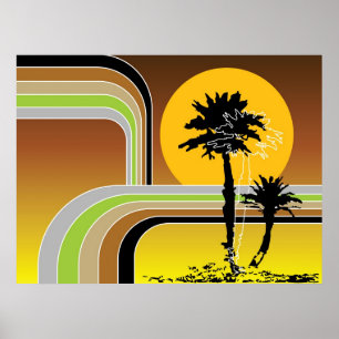 Poster O por do sol retro tropical da praia das palmeiras