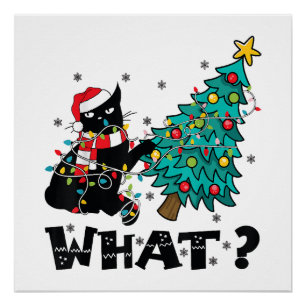 Póster O QUE Gato Preto Engraçado do Papai Noel Empurrand