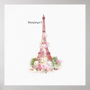 Poster O rosa feminino do vintage floresce a torre Eiffel