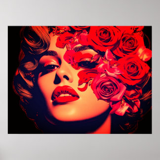 Poster O Rosto de uma Mulher em Flores em um Cartaz de Pa