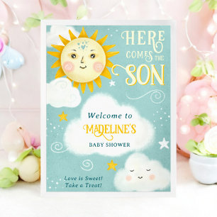 Poster O Sol branco retrô aqui vem o filho chá de fraldas