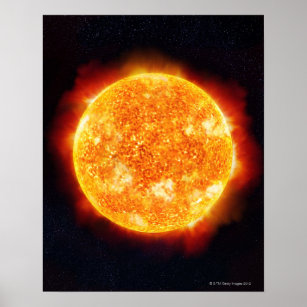 Póster O Sol exibindo explosões solares contra uma estrel