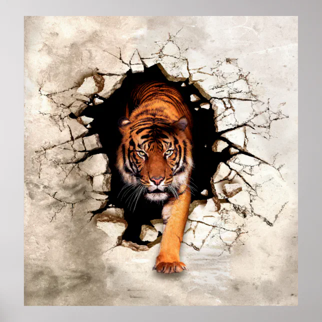 Poster O tigre de imagem 3d emerge da parede destruída