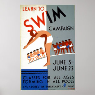 Póster O vintage WPA aprende nadar a campanha