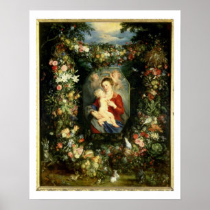 Póster O Virgin e a criança em uma festão da fruta e do