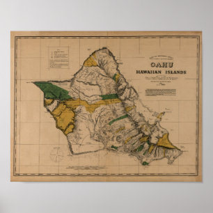 Póster Oahu, 1881, mapa de Havaí do vintage