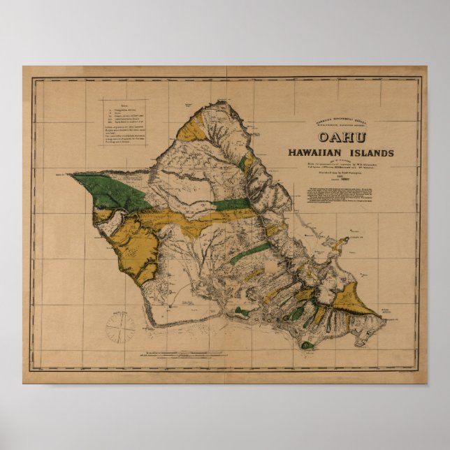 Póster Oahu, 1881, Vintage Hawaii Map (Frente)