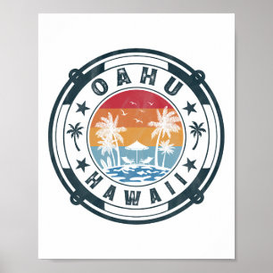 Poster Oahu Havaí Praia Férias de Verão Vintage Pôr do So