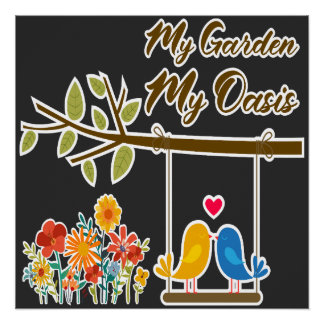 Póster Oásis de Jardim Pássaros Fofos no Balanço Arte Rom