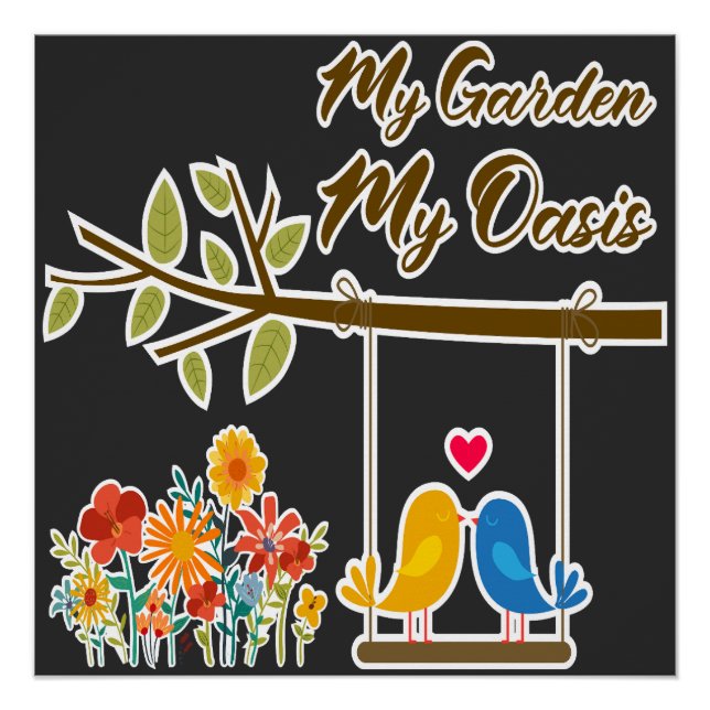 Póster Oásis de Jardim Pássaros Fofos no Balanço Arte Rom (Frente)